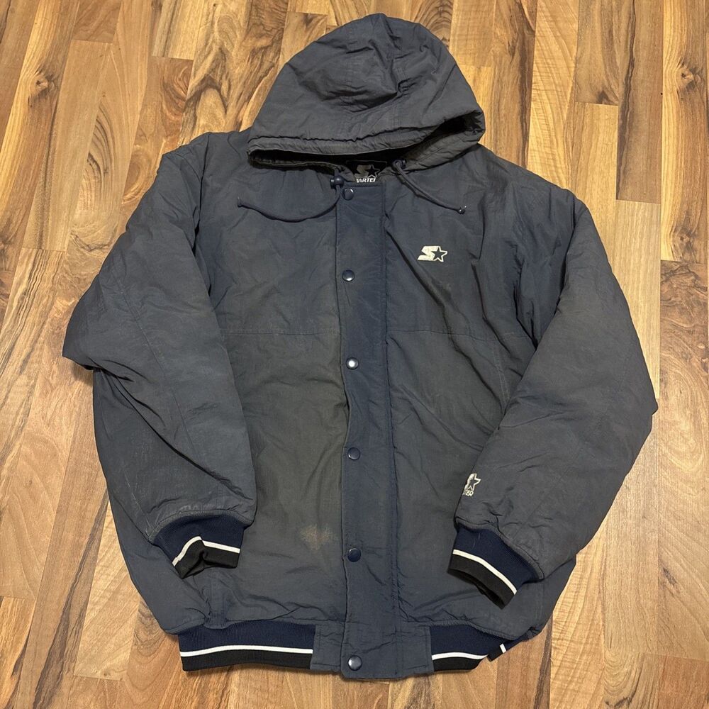 Vintage Starter Puffer Jacket Dark Blue White Stripes Size L Insulated